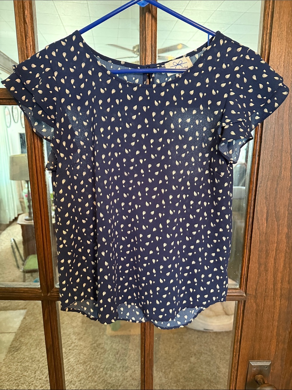 Twine & String Navy Blue Smiley Face Print Tiered Flutter Sleeve Blouse Medium